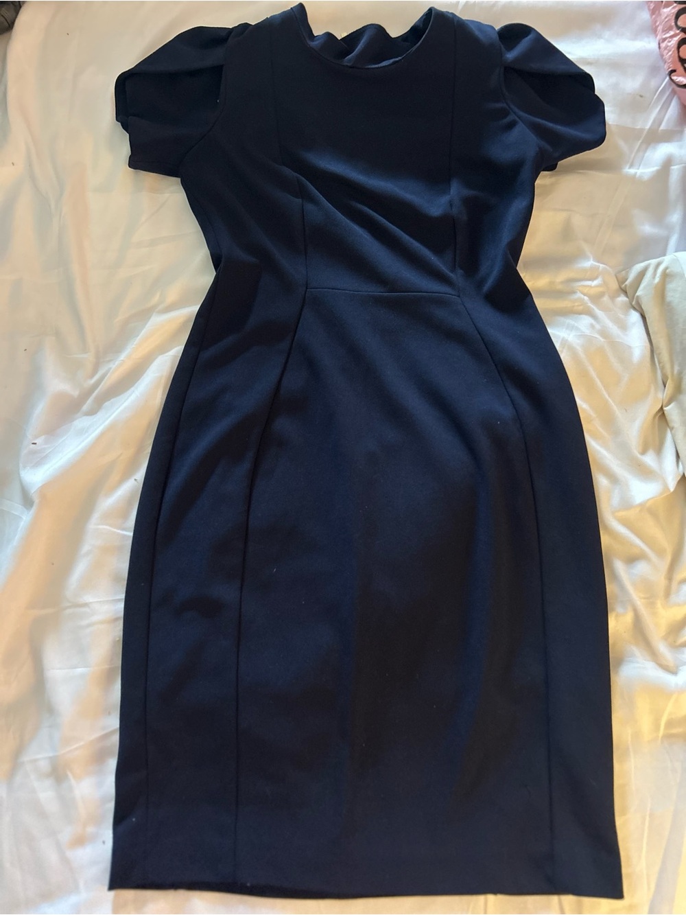 Calvin Klein Navy Puff-Sleeve Midi Sheath Dress
